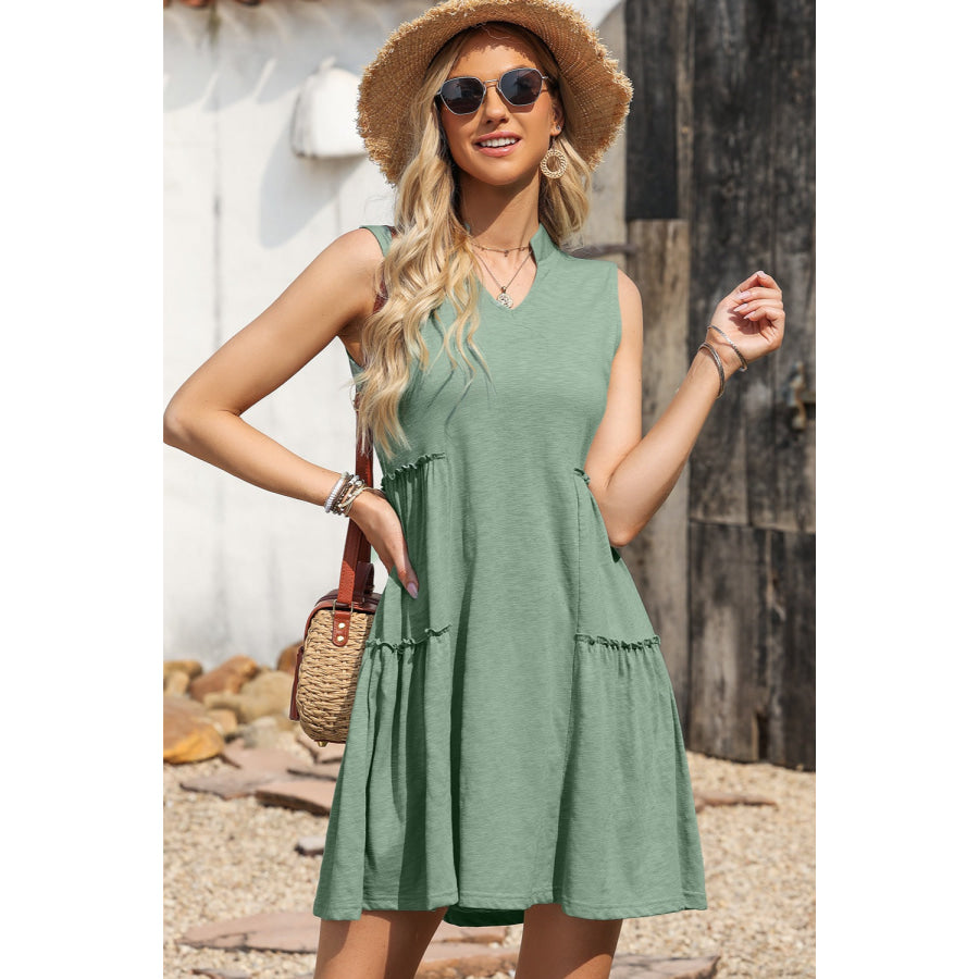 Frill Notched Sleeveless Mini Dress Apparel and Accessories