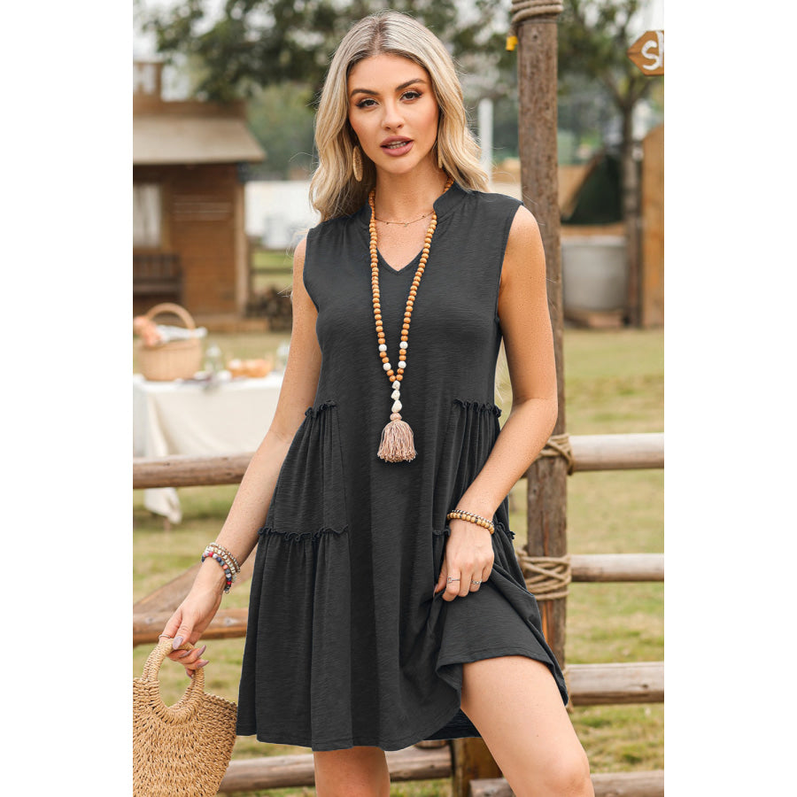 Frill Notched Sleeveless Mini Dress Apparel and Accessories