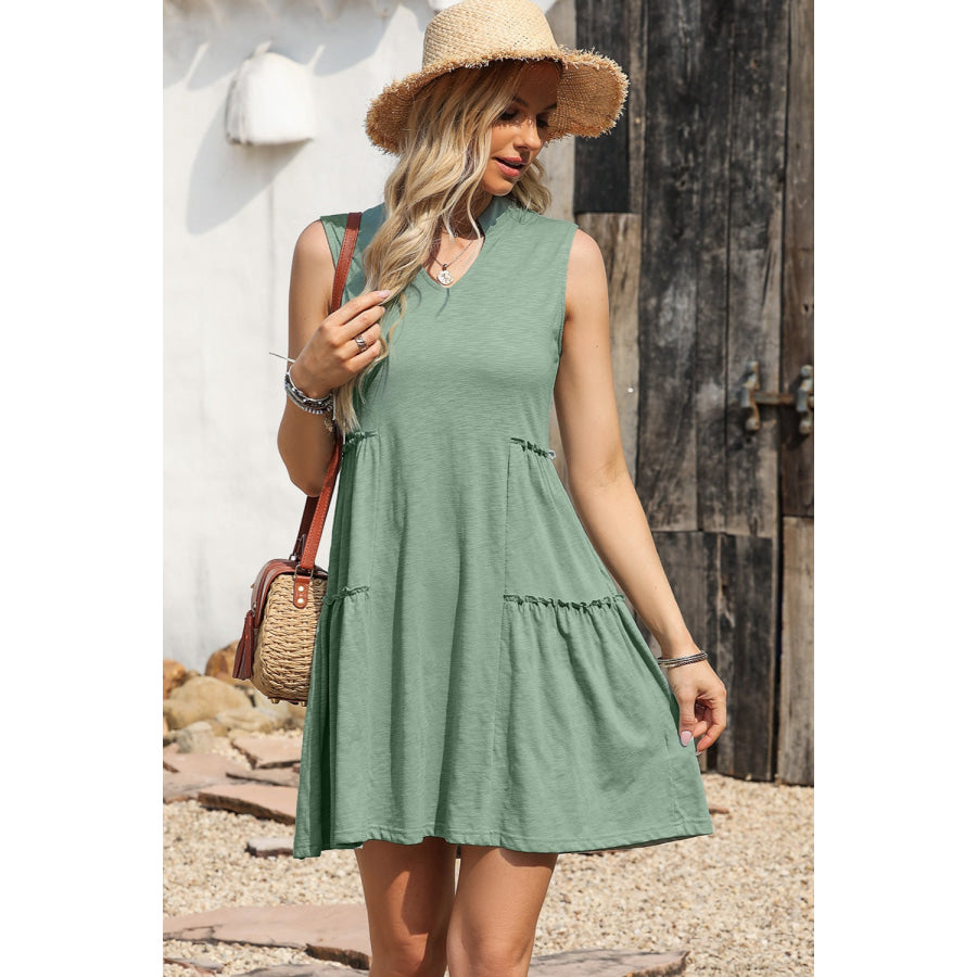 Frill Notched Sleeveless Mini Dress Apparel and Accessories