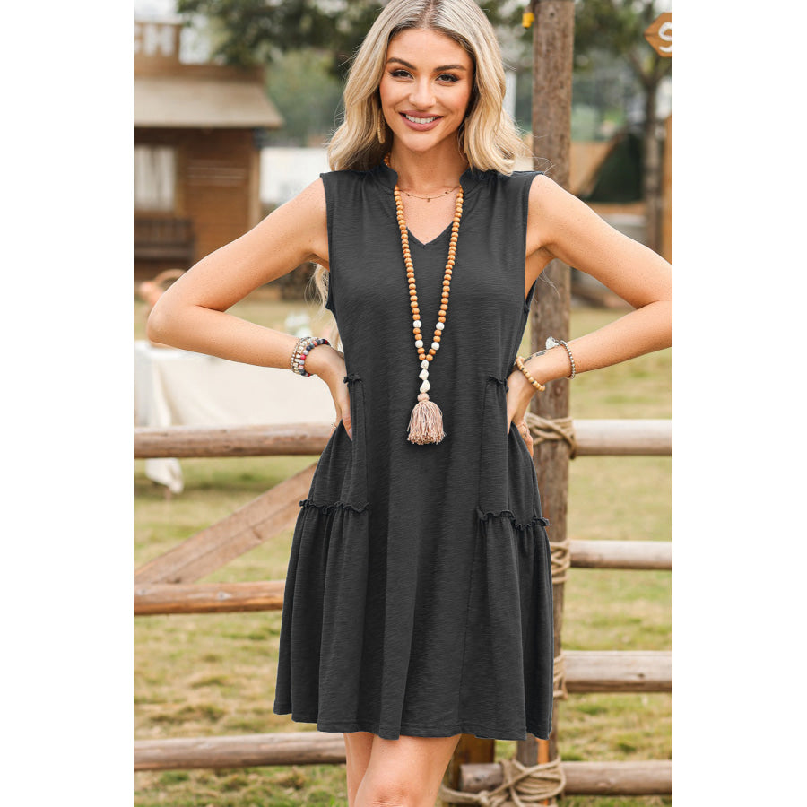 Frill Notched Sleeveless Mini Dress Black / S Apparel and Accessories