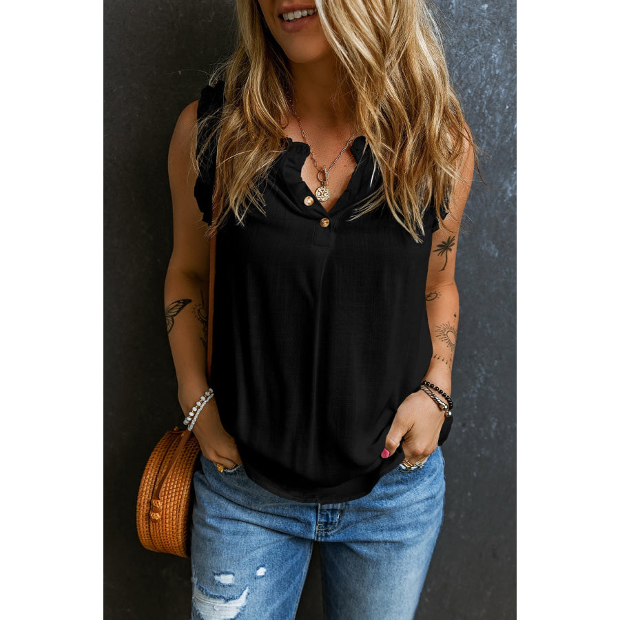 Frill Notched Sleeveless Tank Black / S Shirts &amp; Tops