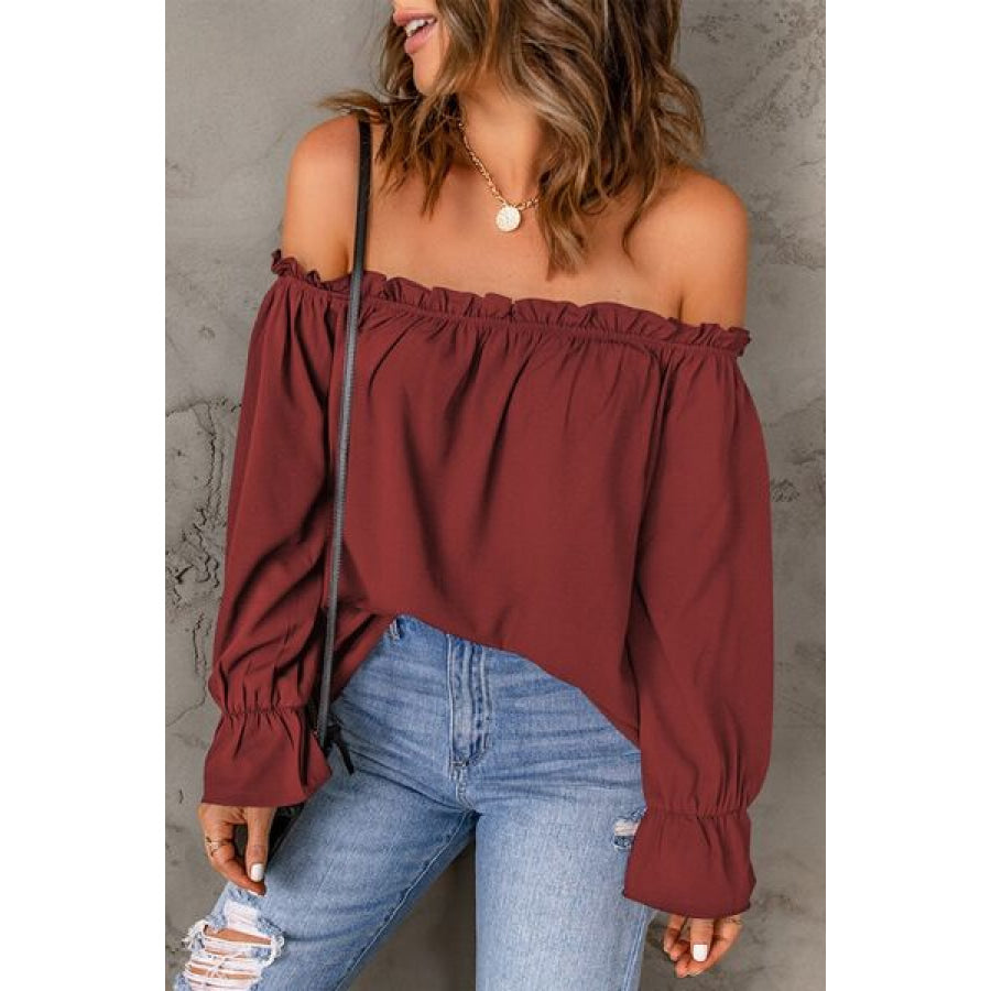 Frill Off - Shoulder Flounce Sleeve Blouse Apparel and Accessories