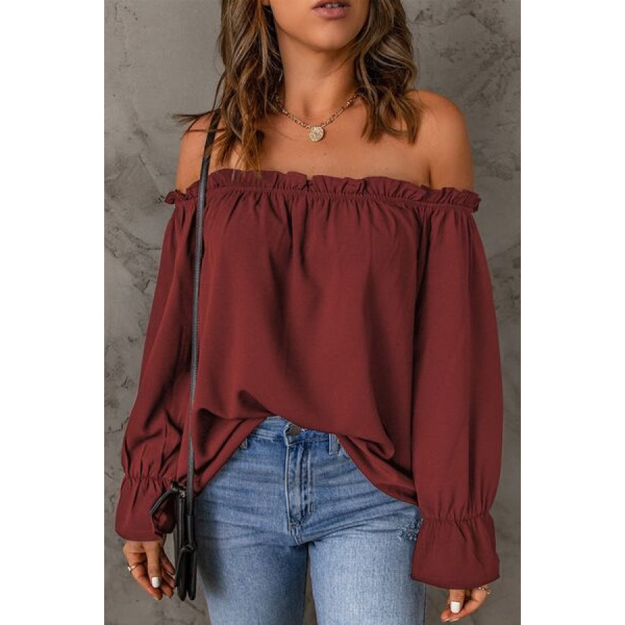 Frill Off - Shoulder Flounce Sleeve Blouse Apparel and Accessories