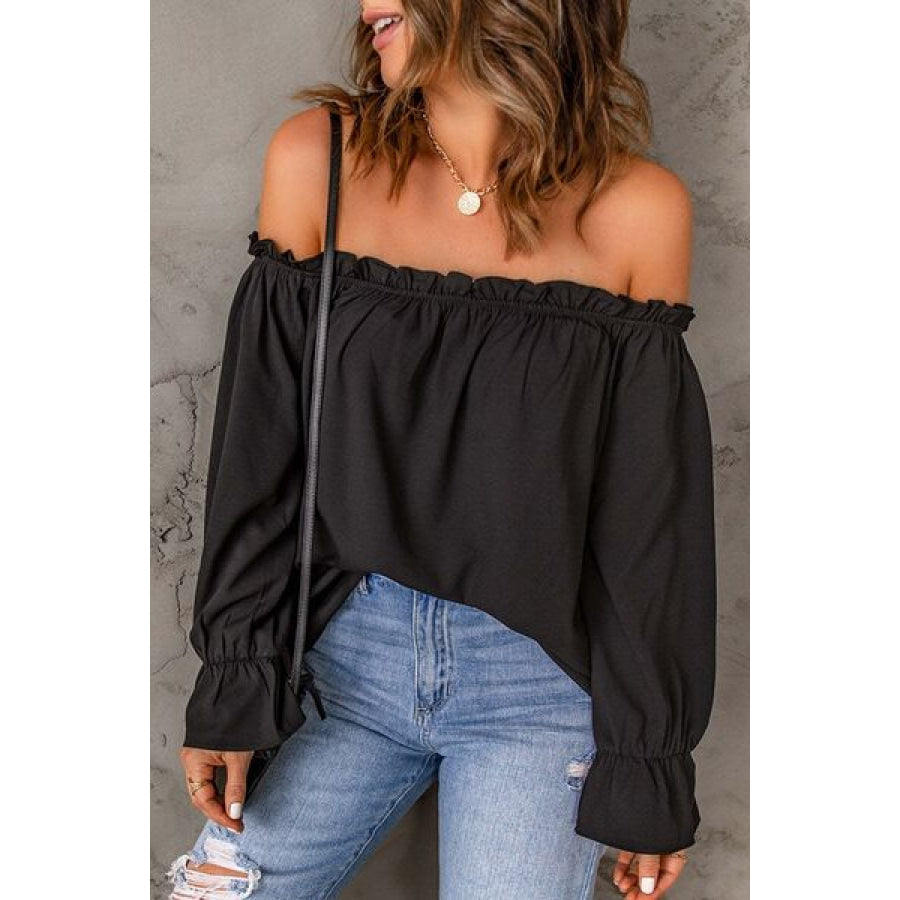 Frill Off - Shoulder Flounce Sleeve Blouse Black / S Apparel and Accessories