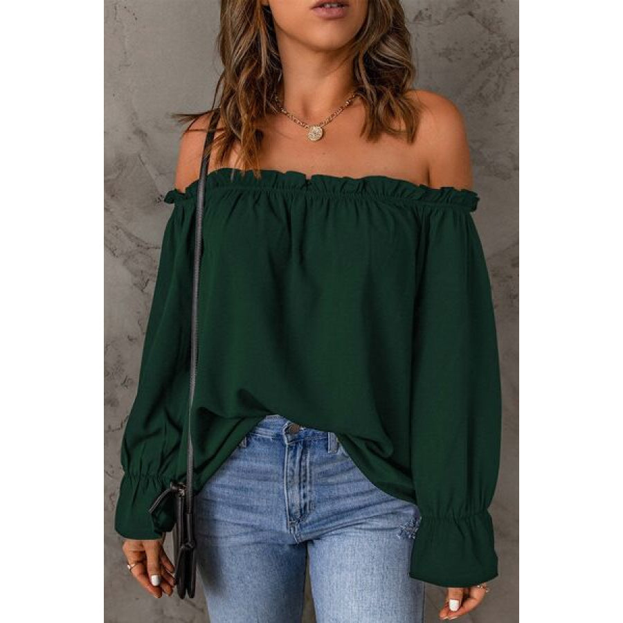 Frill Off - Shoulder Flounce Sleeve Blouse Green / S Apparel and Accessories