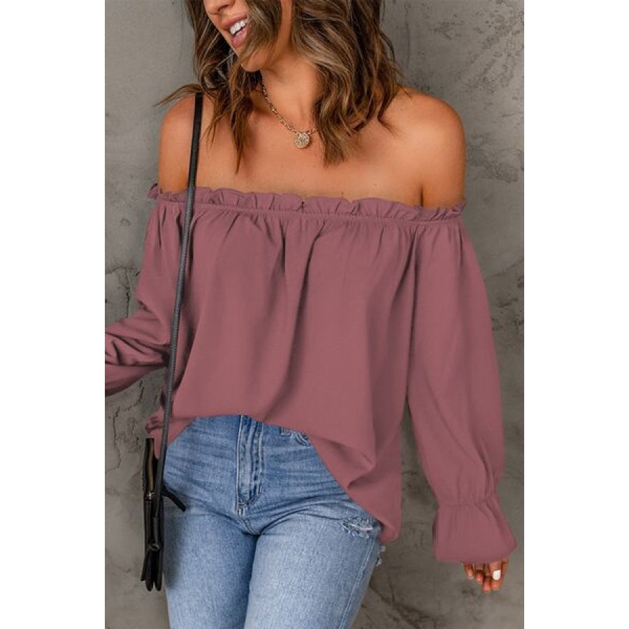 Frill Off - Shoulder Flounce Sleeve Blouse Light Mauve / S Apparel and Accessories