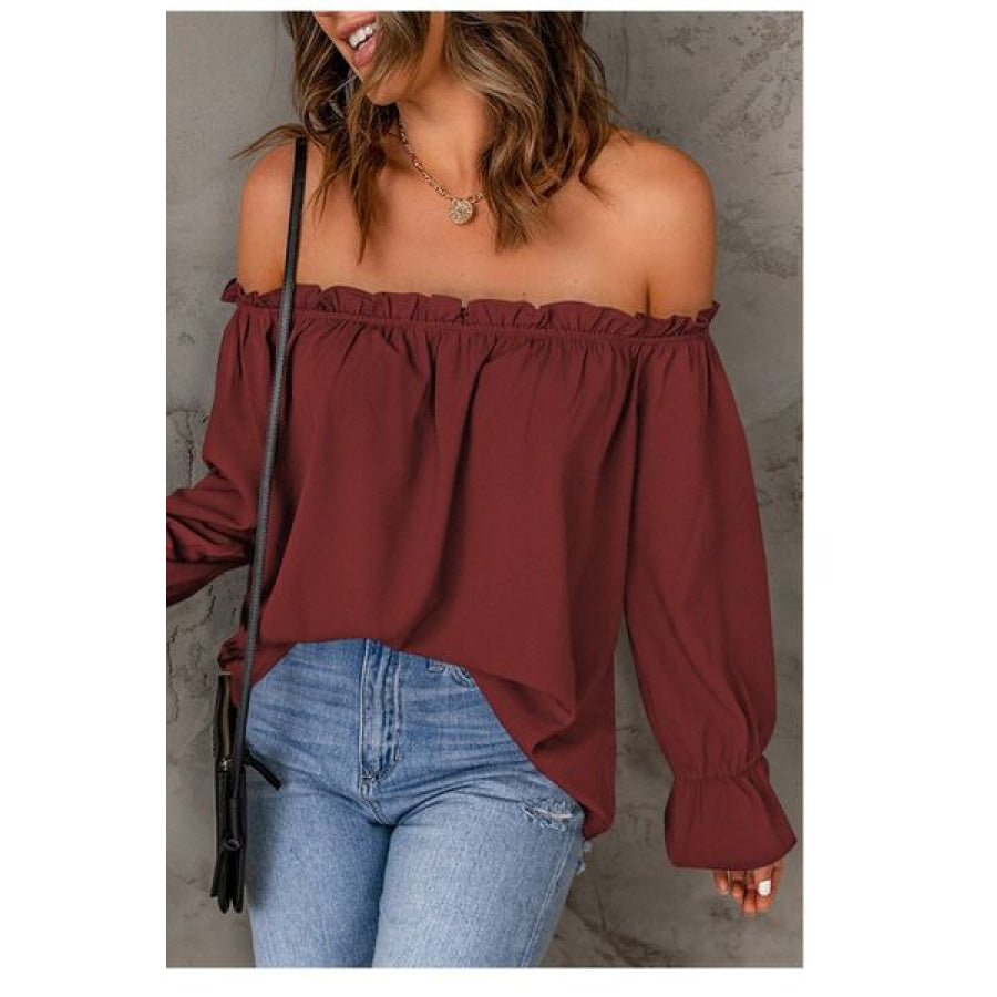 Frill Off - Shoulder Flounce Sleeve Blouse Wine / S Apparel and Accessories