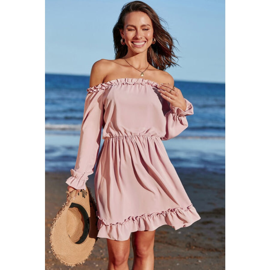 Frill Off-Shoulder Flounce Sleeve Dress Blush Pink / S Clothing