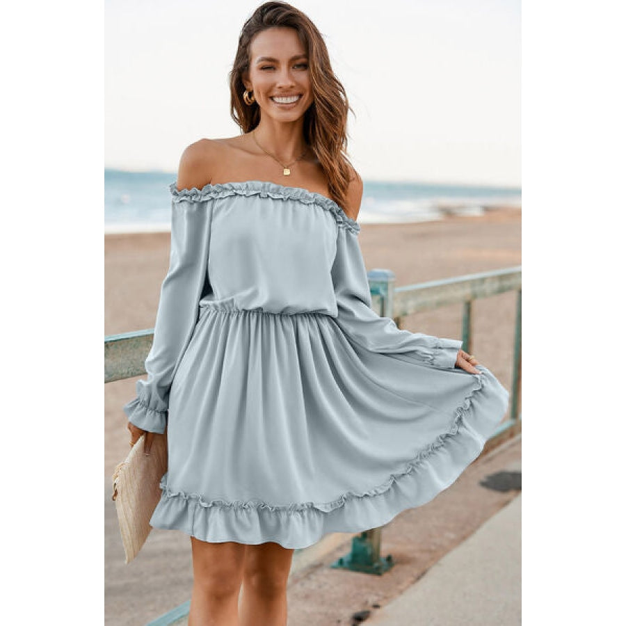 Frill Off-Shoulder Flounce Sleeve Dress Misty Blue / S Clothing