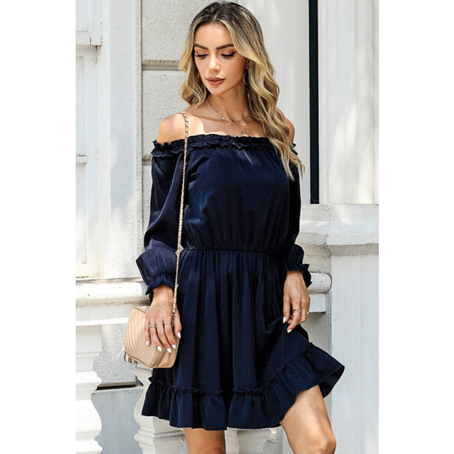 Frill Off-Shoulder Flounce Sleeve Dress Navy / S Clothing