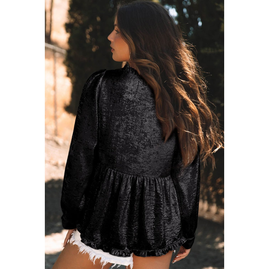 Frill Peplum V-Neck Long Sleeve Blouse Apparel and Accessories