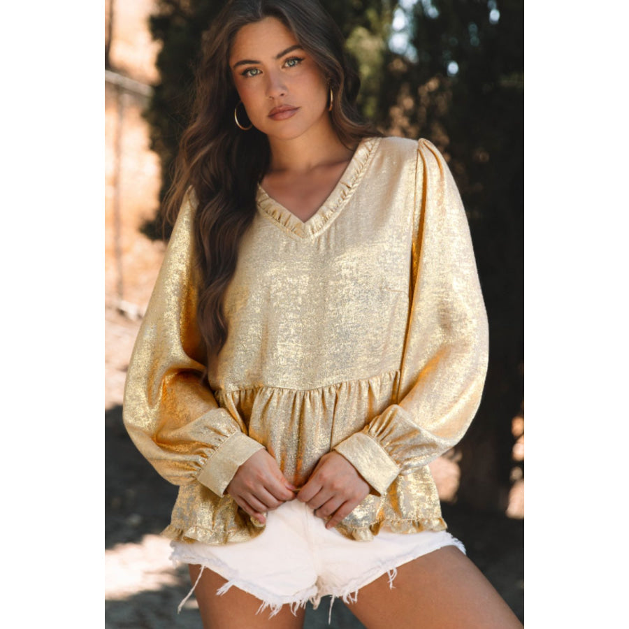 Frill Peplum V-Neck Long Sleeve Blouse Gold / S Apparel and Accessories