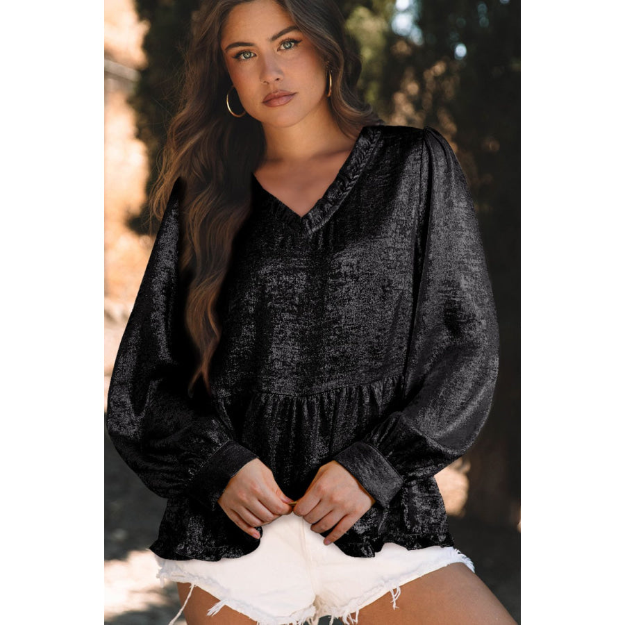 Frill Peplum V-Neck Long Sleeve Blouse Black / S Apparel and Accessories