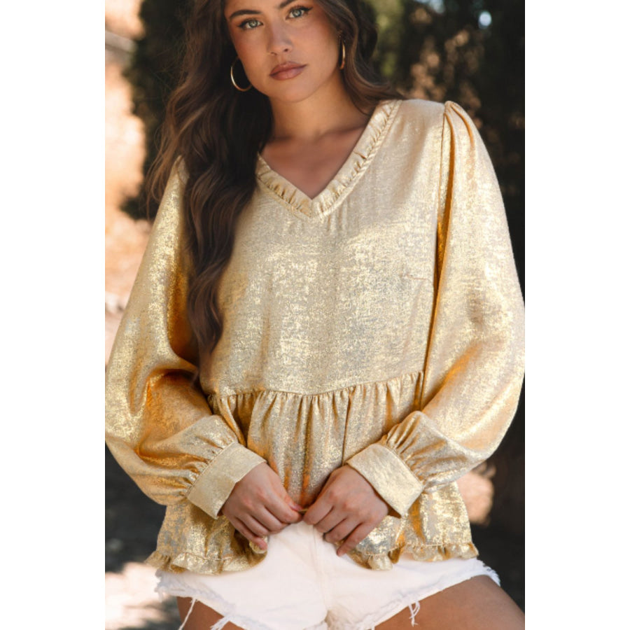 Frill Peplum V-Neck Long Sleeve Blouse Gold / S Apparel and Accessories