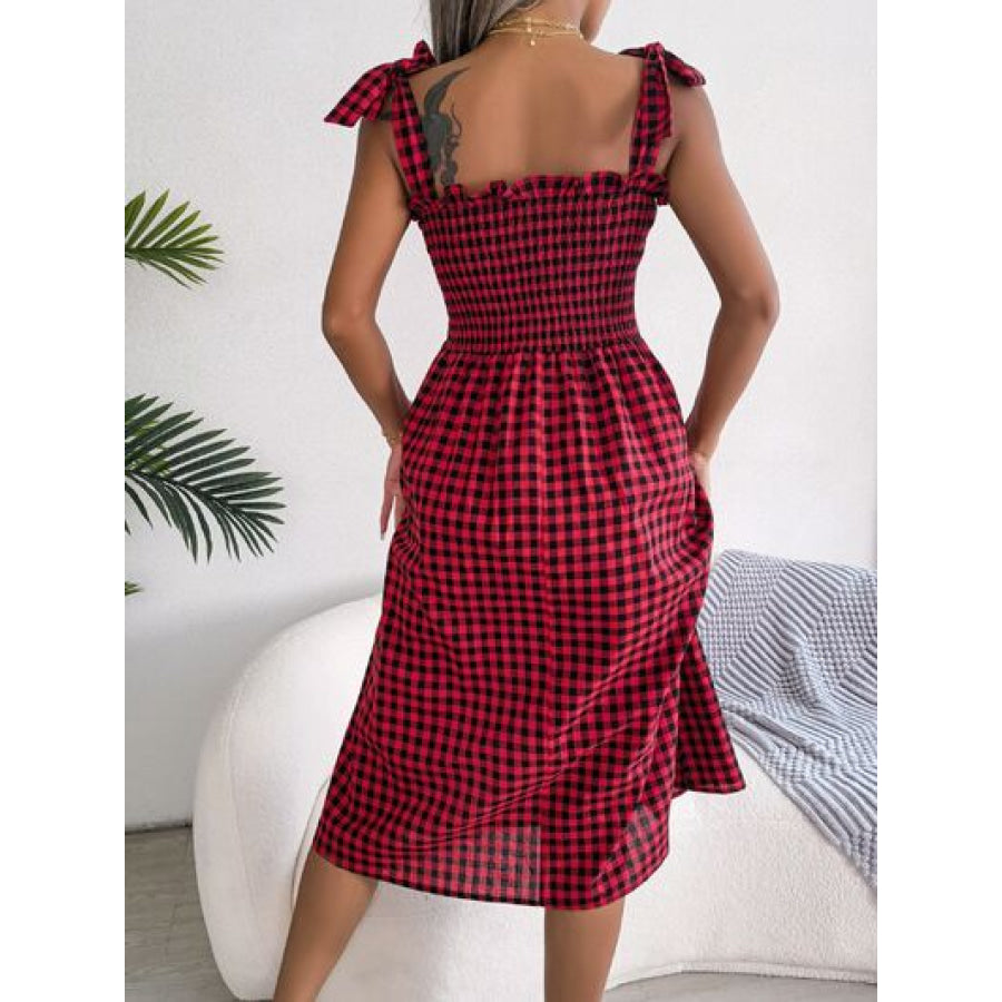 Frill Plaid Square Neck Midi Dress Apparel and Accessories