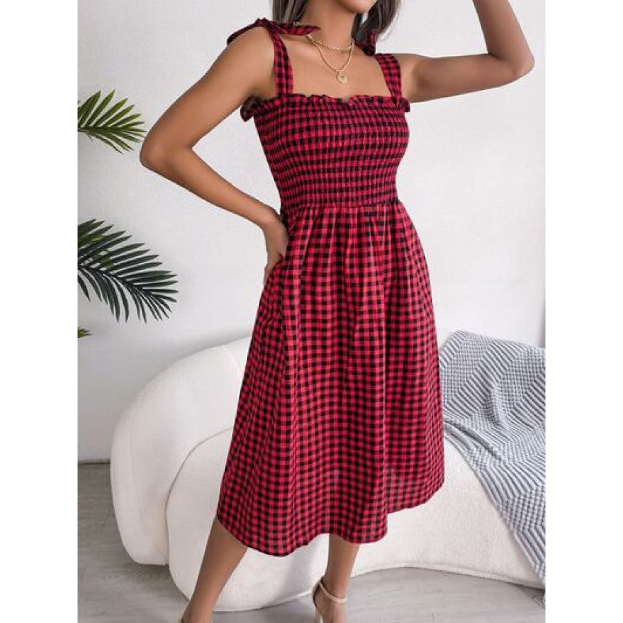 Frill Plaid Square Neck Midi Dress Apparel and Accessories