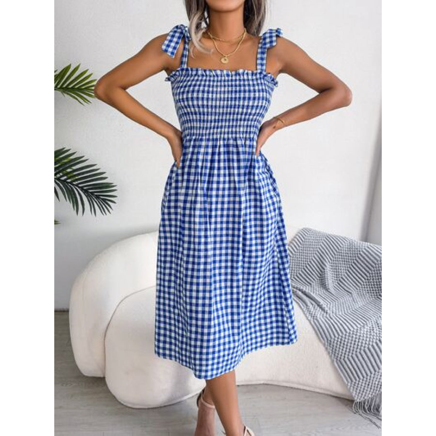 Frill Plaid Square Neck Midi Dress Apparel and Accessories