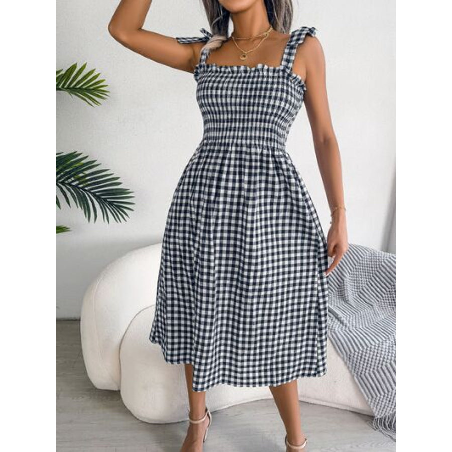 Frill Plaid Square Neck Midi Dress Apparel and Accessories