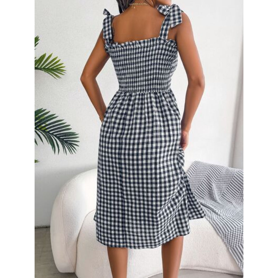 Frill Plaid Square Neck Midi Dress Apparel and Accessories