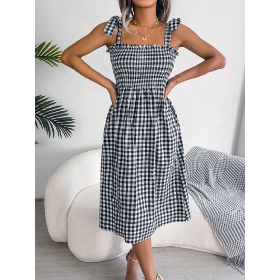 Frill Plaid Square Neck Midi Dress Apparel and Accessories