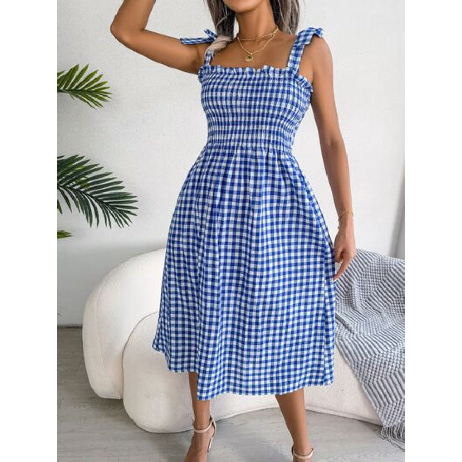 Frill Plaid Square Neck Midi Dress Apparel and Accessories