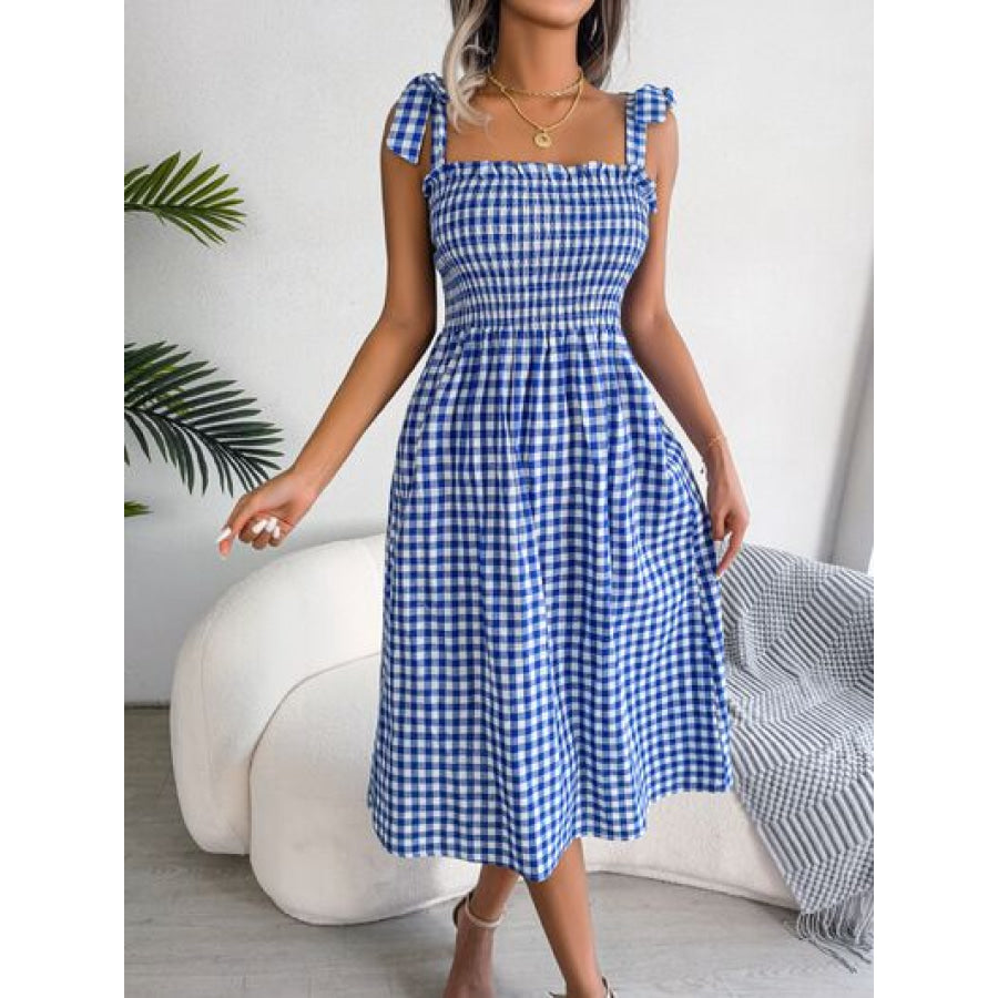 Frill Plaid Square Neck Midi Dress Apparel and Accessories