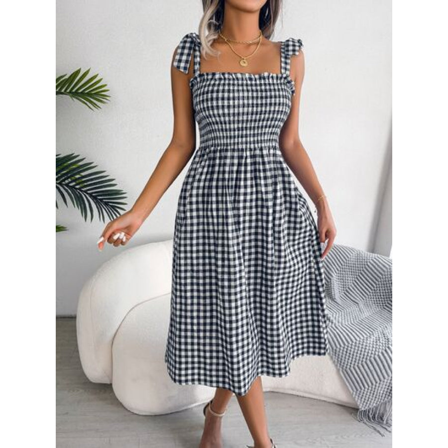 Frill Plaid Square Neck Midi Dress Apparel and Accessories