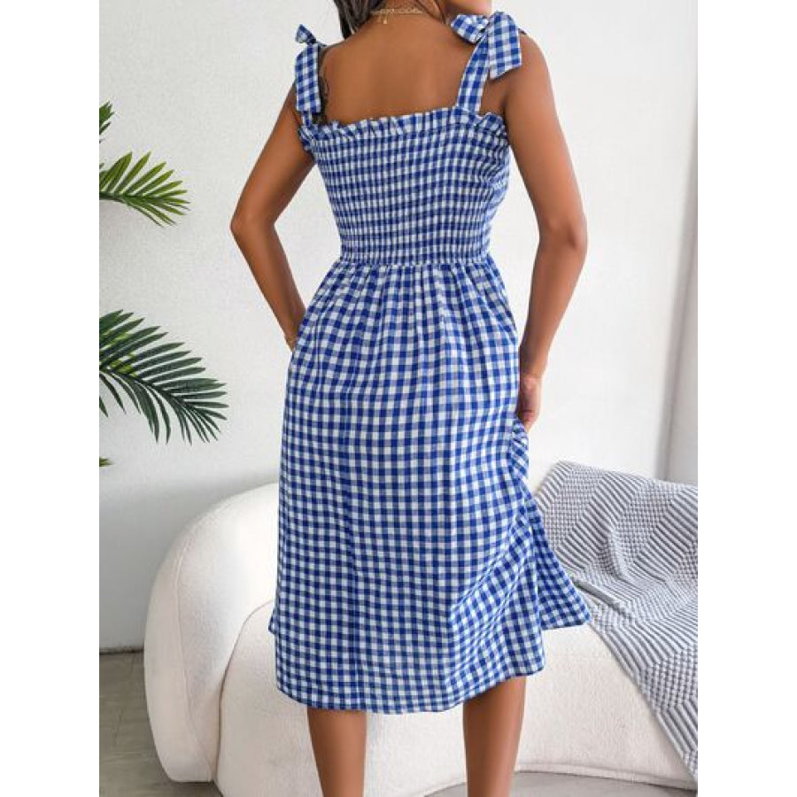 Frill Plaid Square Neck Midi Dress Apparel and Accessories