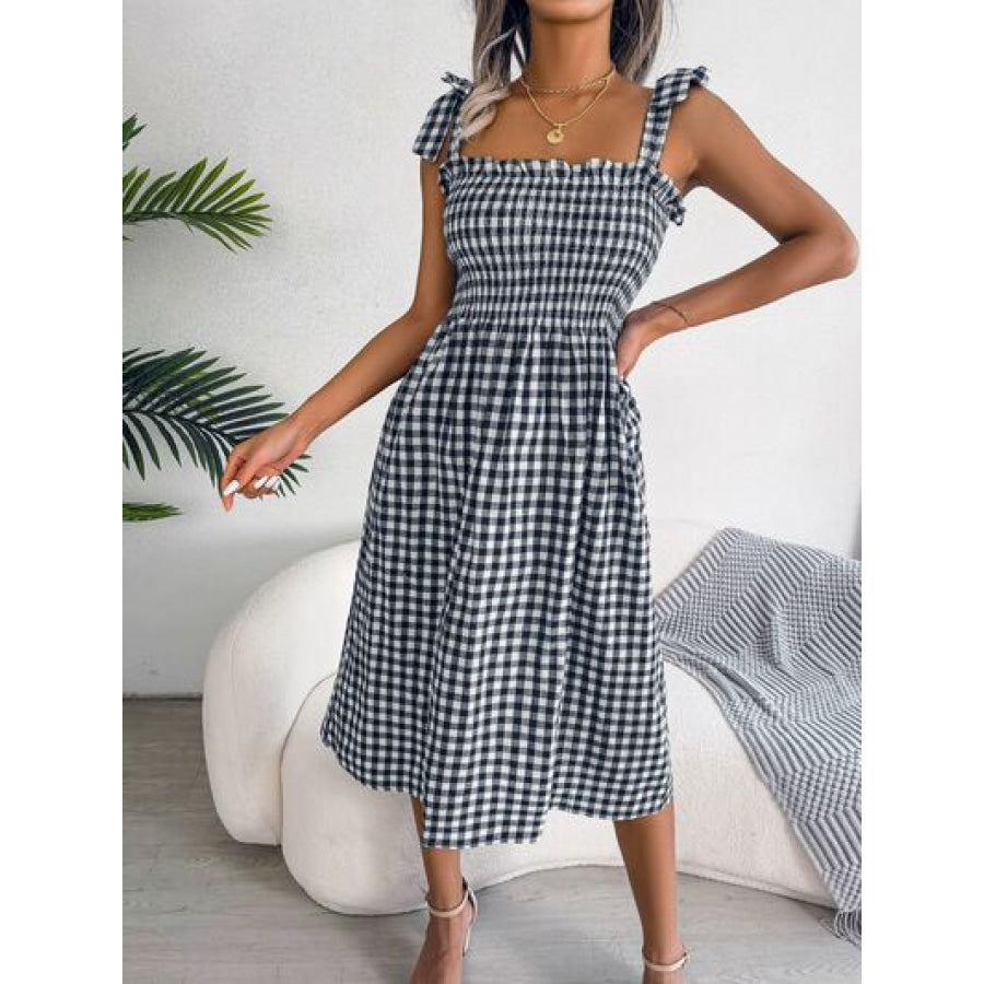 Frill Plaid Square Neck Midi Dress Apparel and Accessories