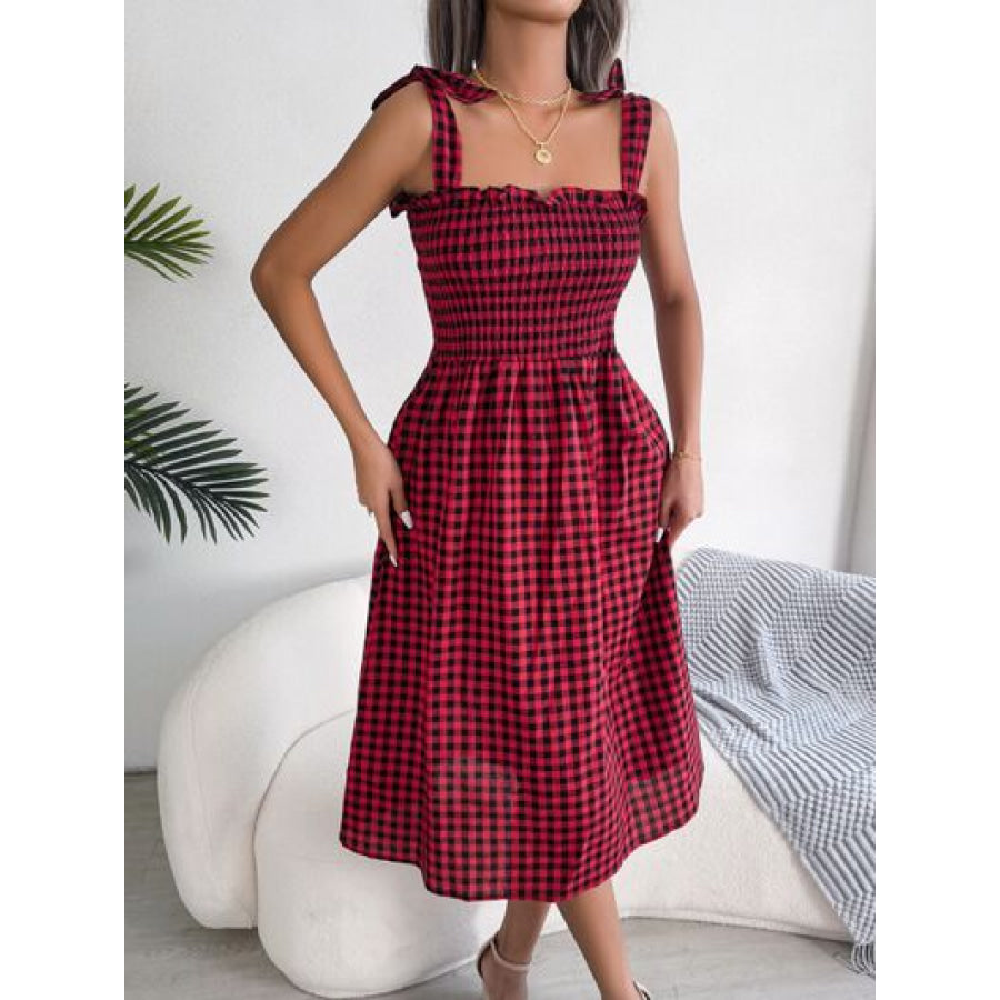 Frill Plaid Square Neck Midi Dress Apparel and Accessories