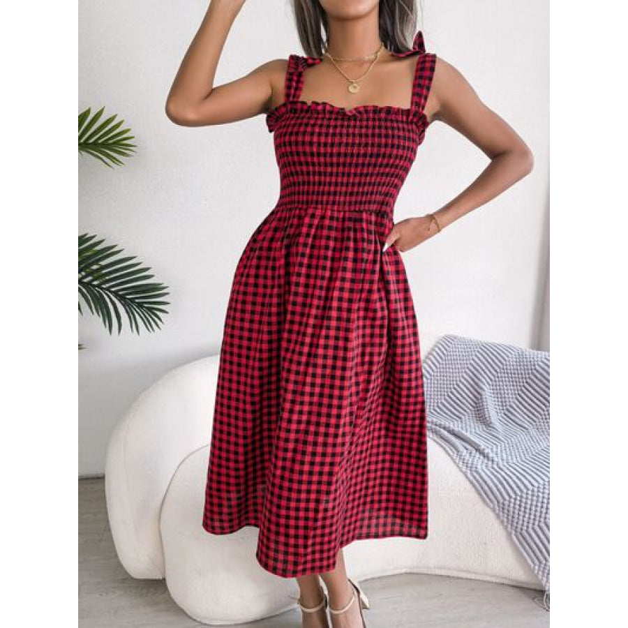 Frill Plaid Square Neck Midi Dress Apparel and Accessories