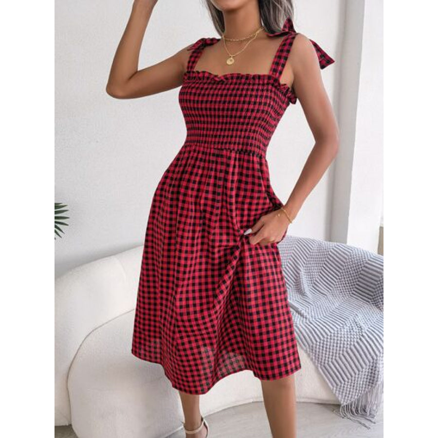 Frill Plaid Square Neck Midi Dress Apparel and Accessories