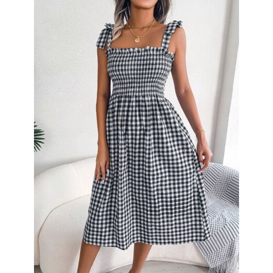 Frill Plaid Square Neck Midi Dress Black / S Apparel and Accessories