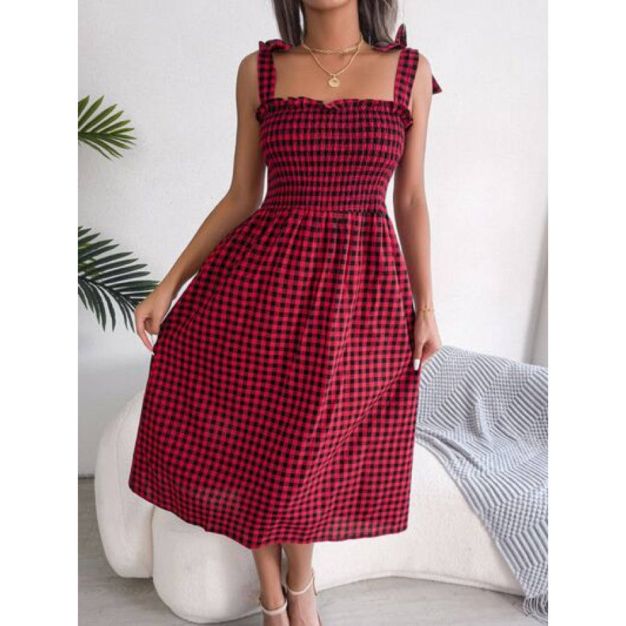 Frill Plaid Square Neck Midi Dress Deep Red / S Apparel and Accessories