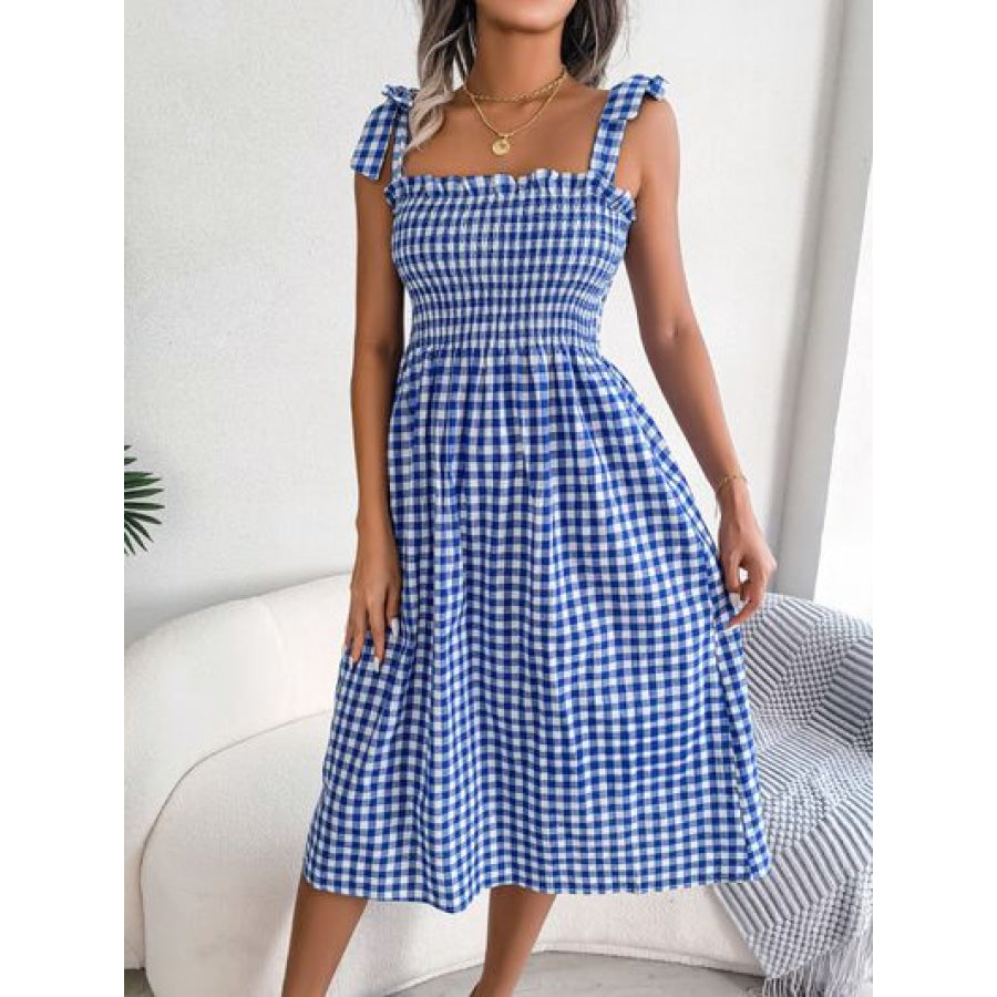 Frill Plaid Square Neck Midi Dress Royal Blue / S Apparel and Accessories