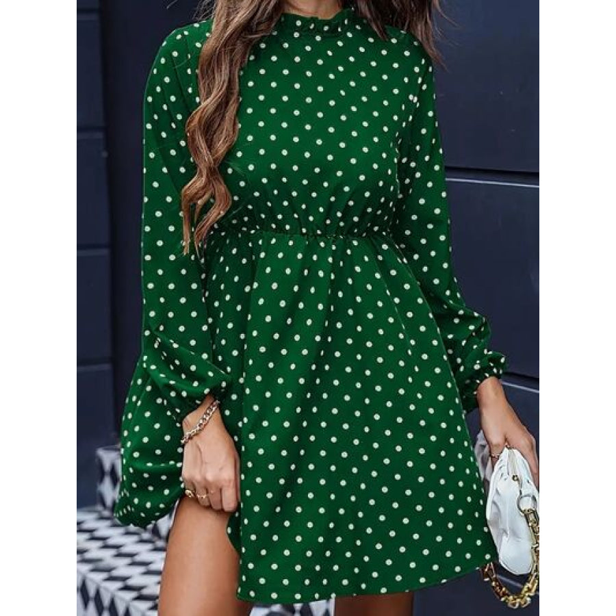 Frill Polka Dot Mock Neck Mini Dress Green / S Apparel and Accessories