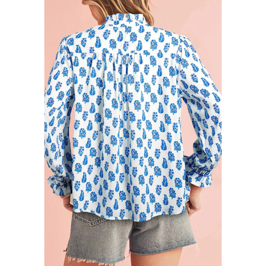 Frill Printed Button Up Long Sleeve Shirt Apparel and Accessories