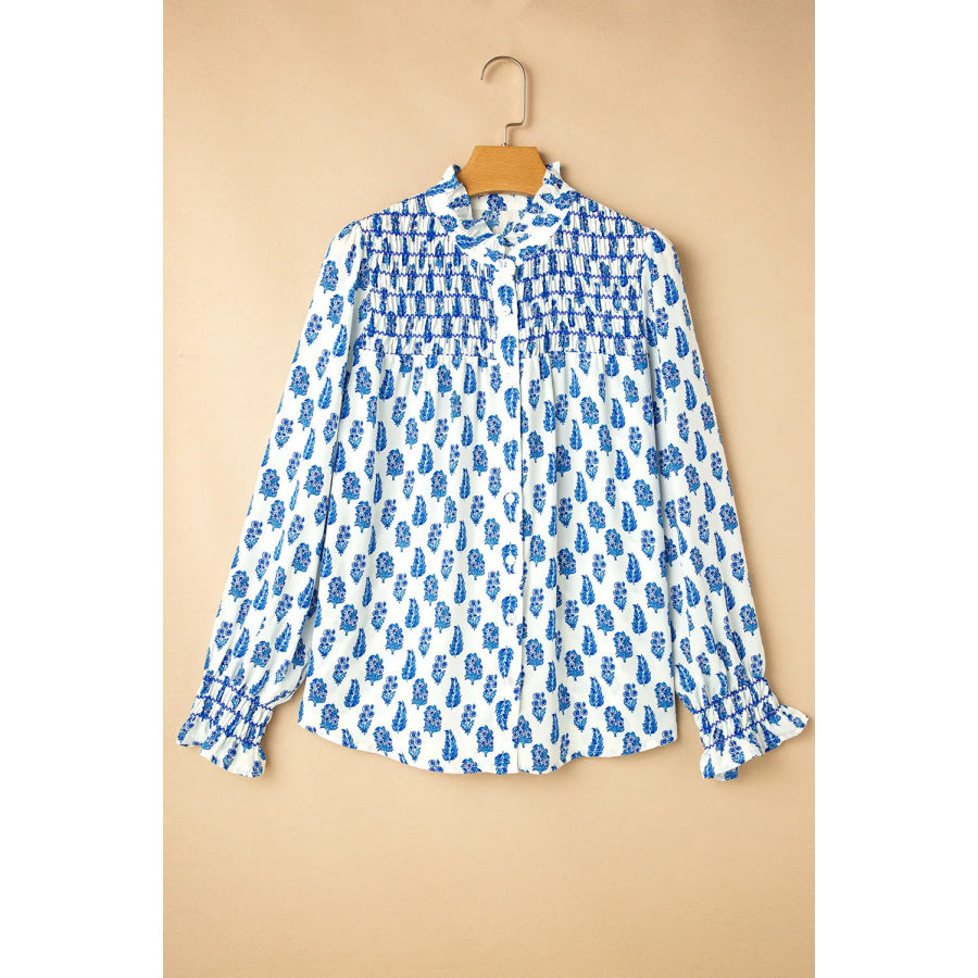 Frill Printed Button Up Long Sleeve Shirt Apparel and Accessories