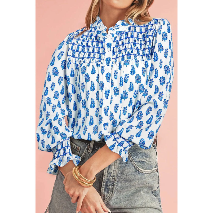 Frill Printed Button Up Long Sleeve Shirt White / S Apparel and Accessories