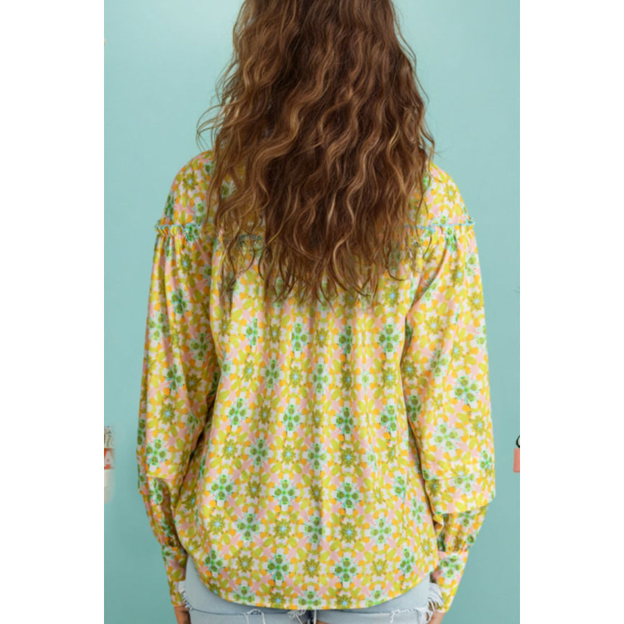Frill Printed Collared Neck Long Sleeve Blouse Yellow Green / S Apparel and Accessories