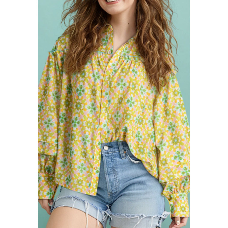 Frill Printed Collared Neck Long Sleeve Blouse Yellow Green / S Apparel and Accessories