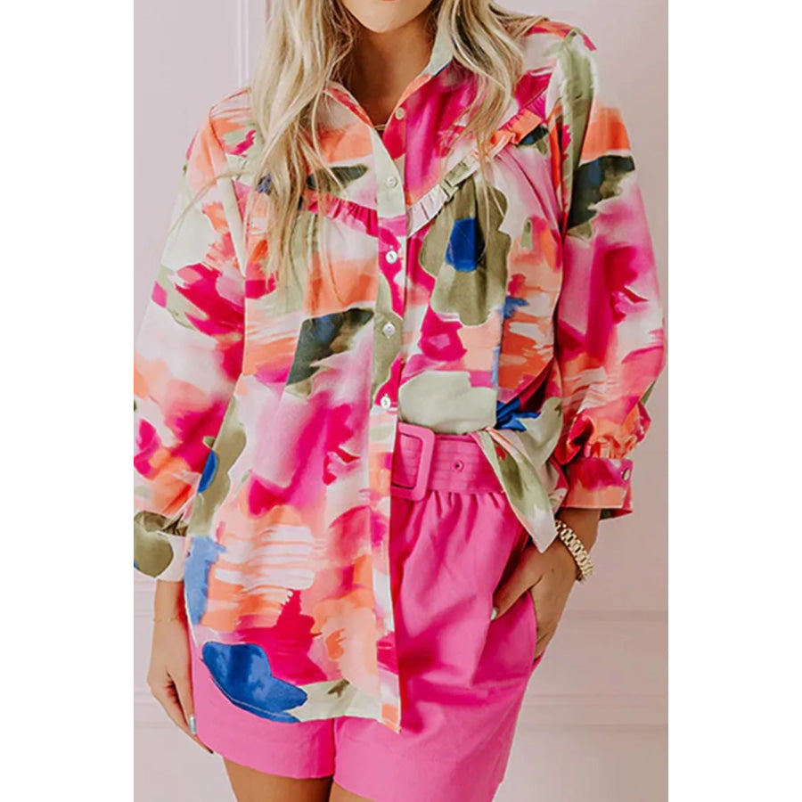 Frill Printed Collared Neck Long Sleeve Shirt Hot Pink / S Apparel and Accessories