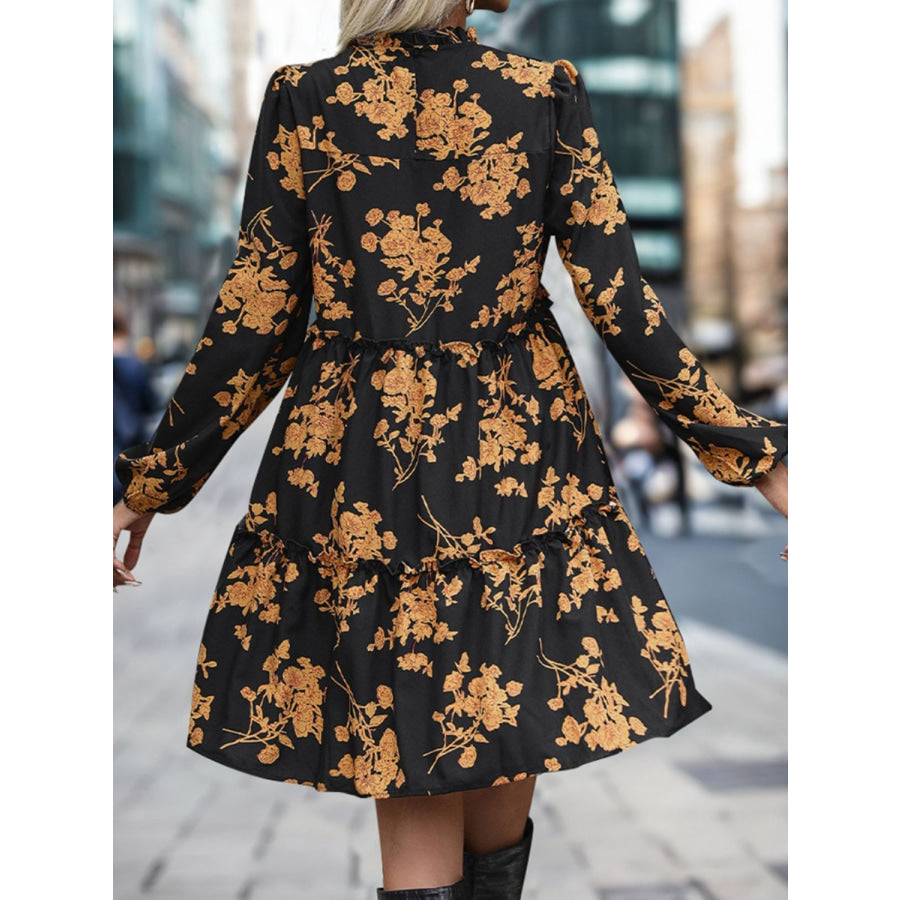 Frill Printed Long Sleeve Mini Dress Apparel and Accessories