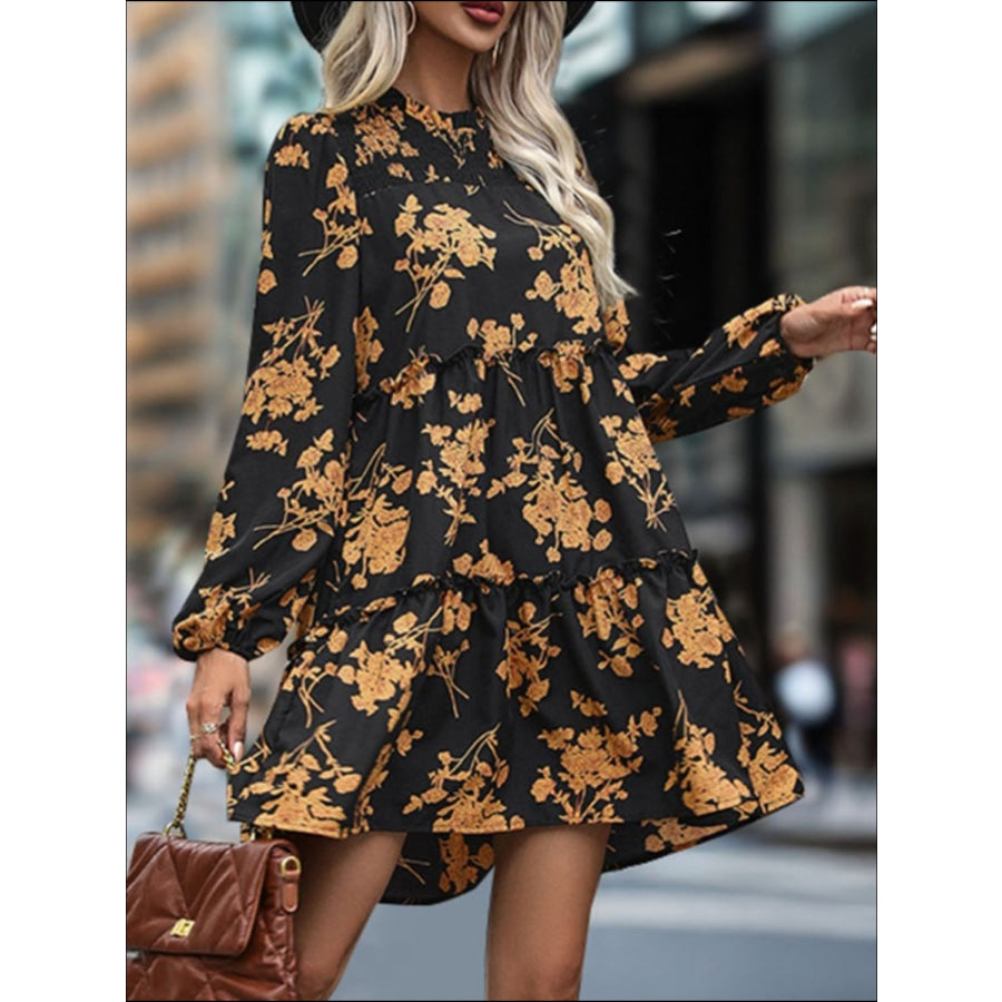 Frill Printed Long Sleeve Mini Dress Apparel and Accessories