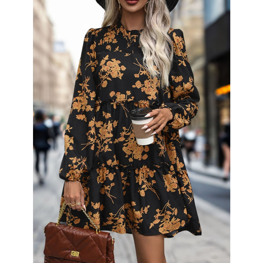 Frill Printed Long Sleeve Mini Dress Black / S Apparel and Accessories