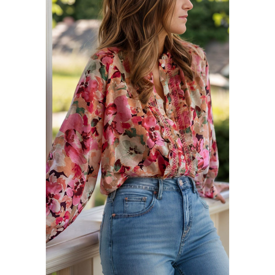 Frill Printed Long Sleeve Shirt Floral / S Apparel and Accessories