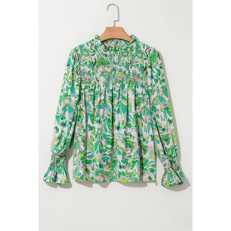 Frill Printed Mock Neck Flounce Sleeve Blouse Apparel and Accessories