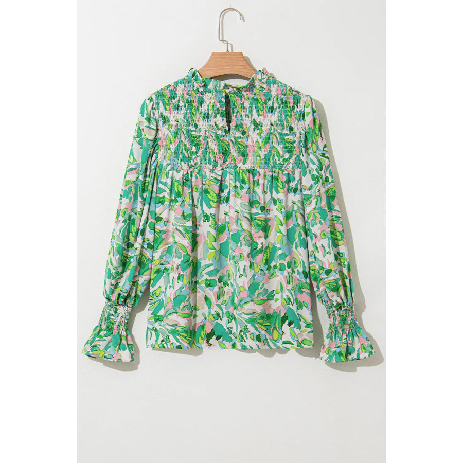 Frill Printed Mock Neck Flounce Sleeve Blouse Apparel and Accessories