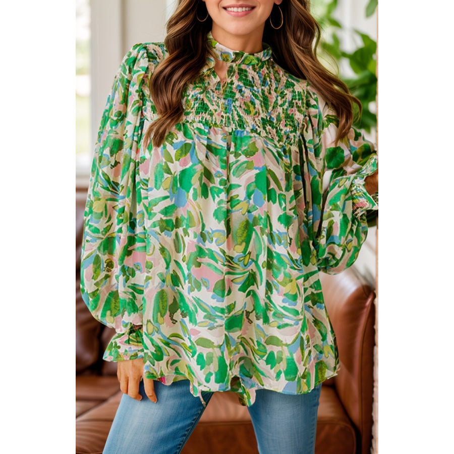 Frill Printed Mock Neck Flounce Sleeve Blouse Green / S Apparel and Accessories