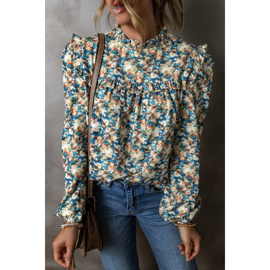 Frill Printed Mock Neck Long Sleeve Blouse Apparel and Accessories